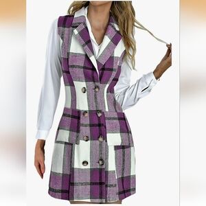 Women Sleeveless Plaid  Double Breasted Shacket Vest.